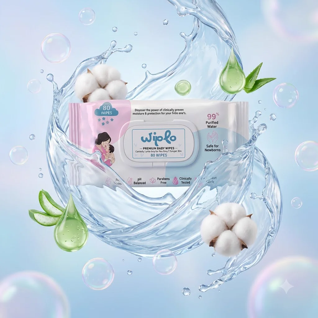 Wiplo wipes surrounded by pure water splashes and aloe vera leaves